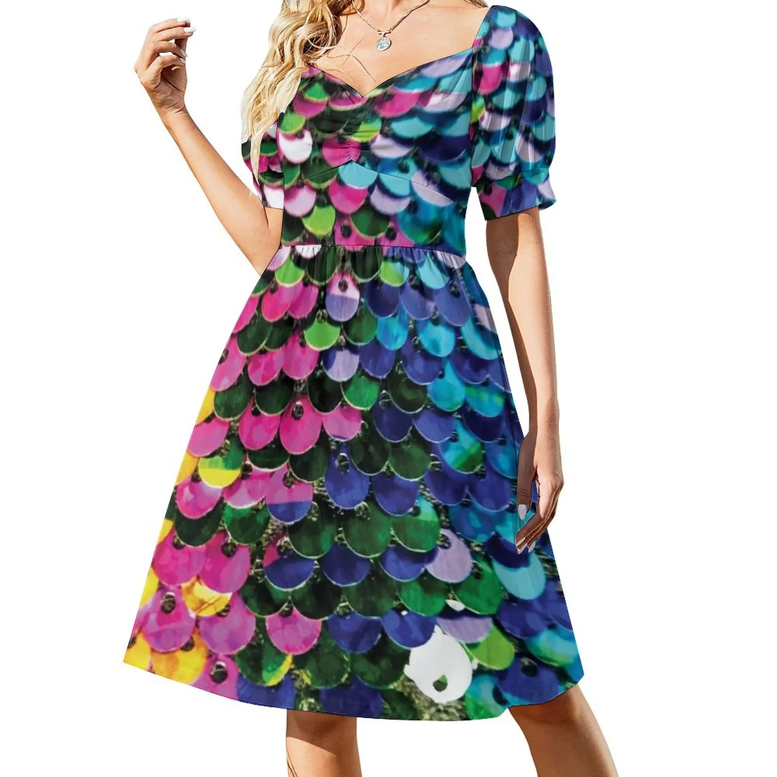 thumbnail image 1 of Vestido de manga corta multicolor (foto de solo lentejuelas, no reflectante) Ropa vestido de noche femenino Vestido de mujer, 1 of 7