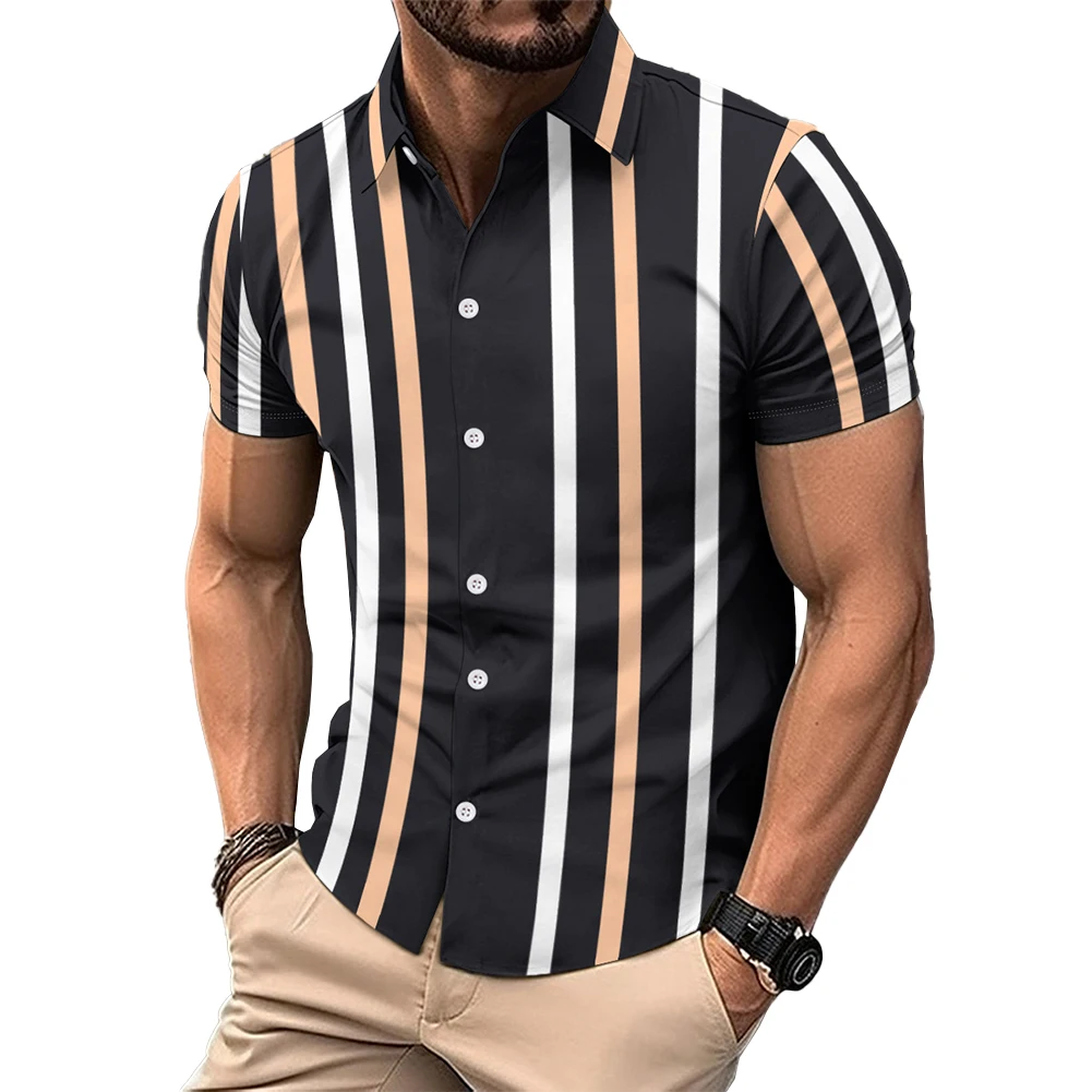 

Blouse Shirt Slim Stripe Beach Button Down Casual Collared Hawaiian Holiday Mens Short Sleeve Daily Holiday Comfy