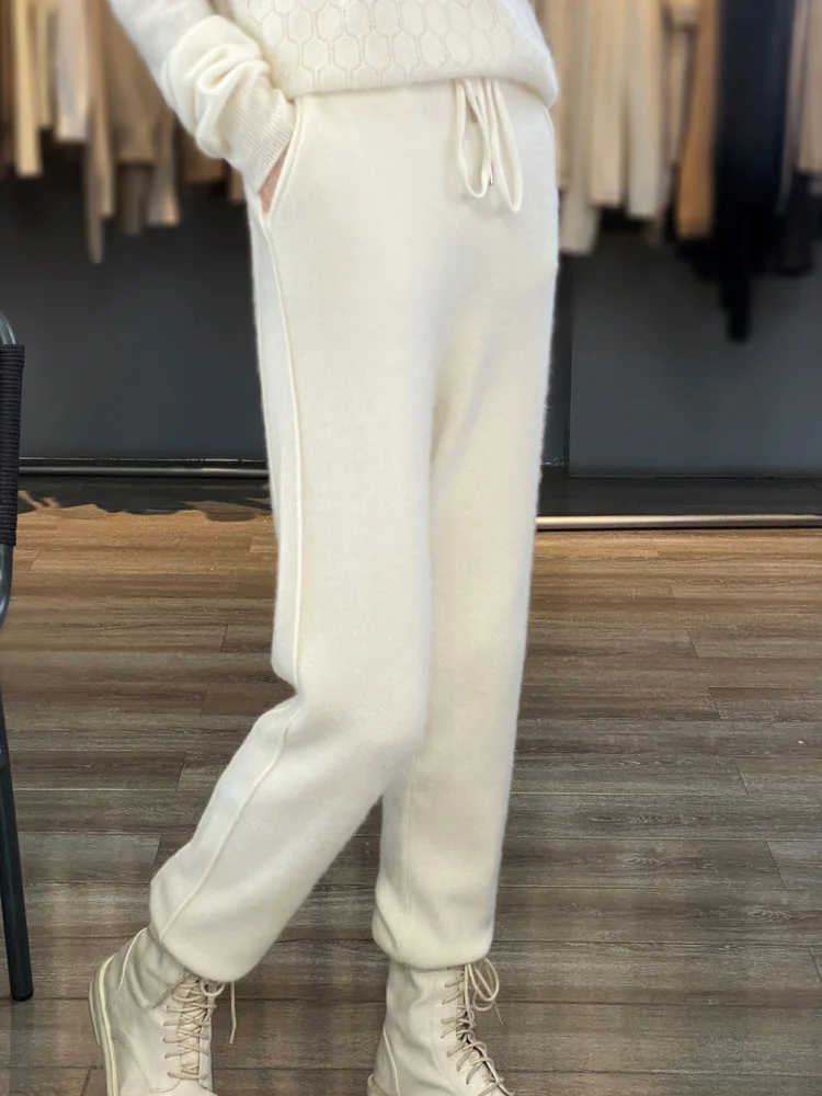 여성용 울 펜슬 바지, 하이웨이스트 심플 스타일, 오피스 레이디 바지, 100% 메리노 울 니트웨어, 용수철 가을 스포츠 바지