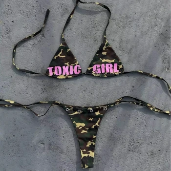 Women's Triangle Bikini Set Camouflage Print Sexy Y2K Micro Bikini Swimwear Summer Beach Vacation Party Bathing Suit For Female 1