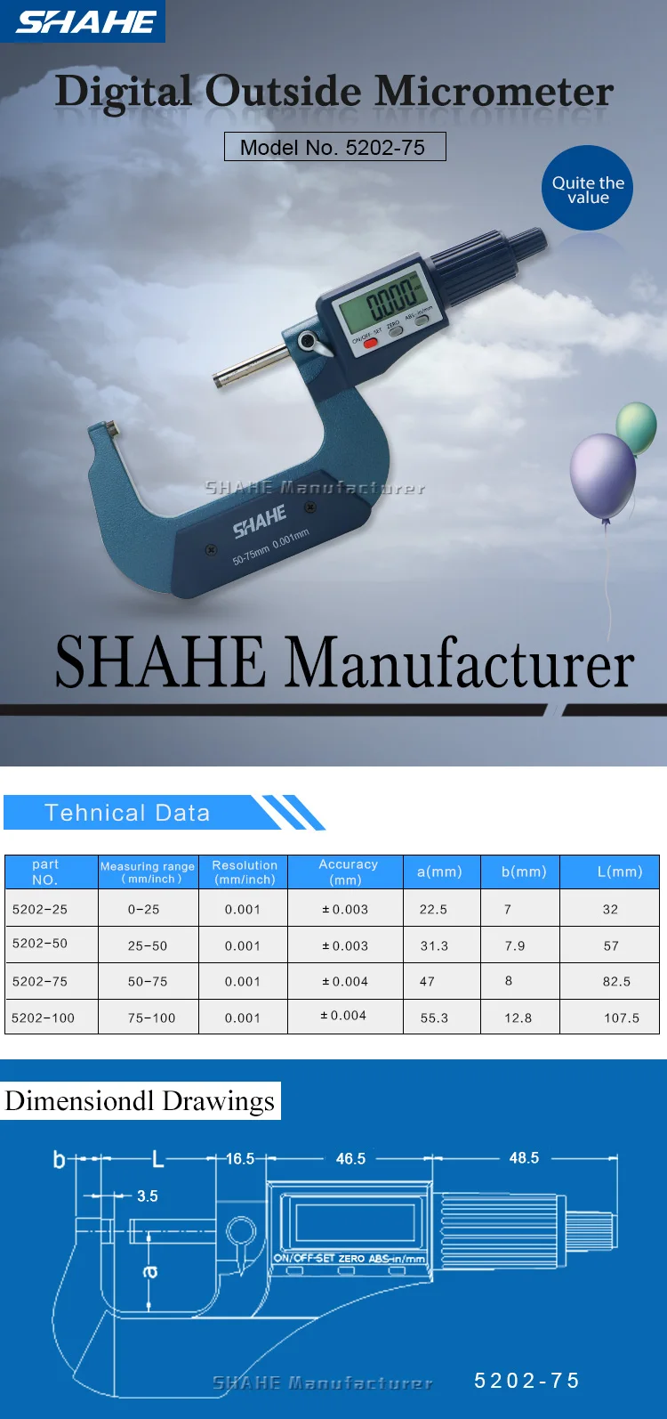 Description Picture 5 of itemSHAHE 50-75mm 0.001mm Digital Micrometer Electronic Digital Outside Micrometer 0.001mm