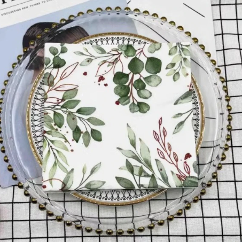 Paper Napkins Disposable Paper Placemats 10/20pcs/Pac Printed Napkin Green Leaf Folded Paper Placemat Wedding Party Wine Glass Flower Paper DIY Butterfly Bone Bart