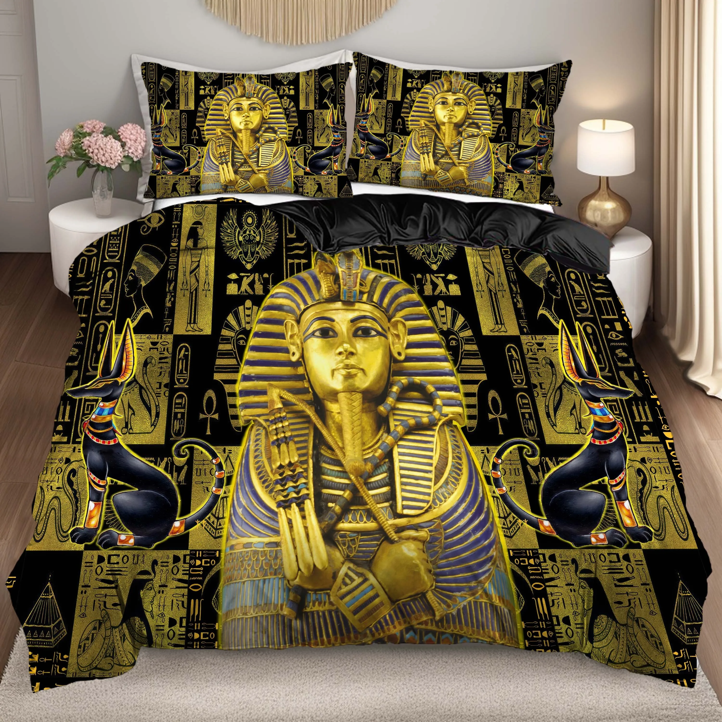 2/3Pcs 3D Retro Egyptian Duvet Cover Set, Black Golden Pharaoh Anubis Print Bedding with Pillowcases for Bedroom Guest
