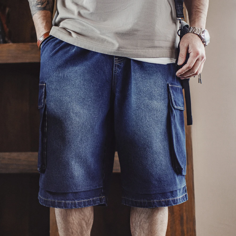 Vintage Heavyweight Embroidered Denim Shorts Men's Spring Summer Loose Fit Elastic Waist Cargo Street Shorts men jeans,denim pants,denim shorts,summer jeans shorts