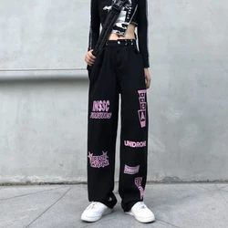 Jeans de cintura alta mulher pintura colorida carta impressão moda americana tendência hip hop casual preto em linha reta calças compridas