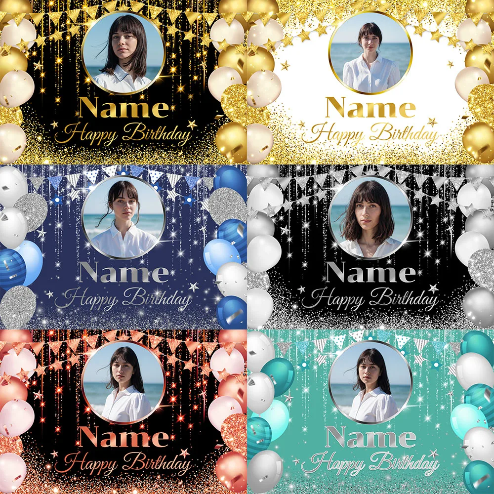 Custom Photo Name Birthday Backdrop Personalized Banner with Glitter Lights for Party Wall Decoration