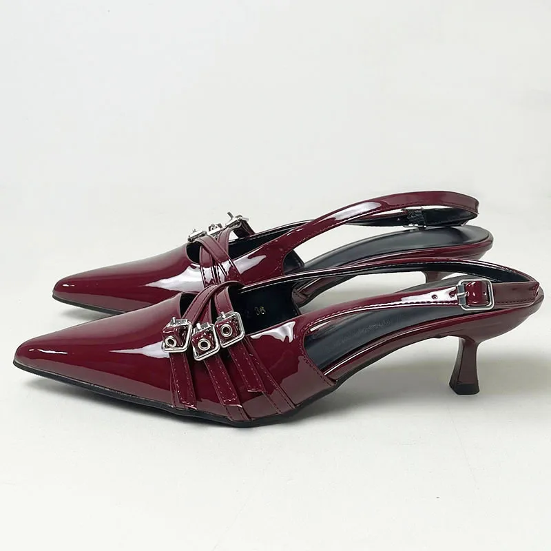 2025 Fashion Pointed Toe Ladies Medium Heels Pumps Shoes Female Shallow Slingbacks Footwear Wine Red Women Heels Shoes Big Size 2