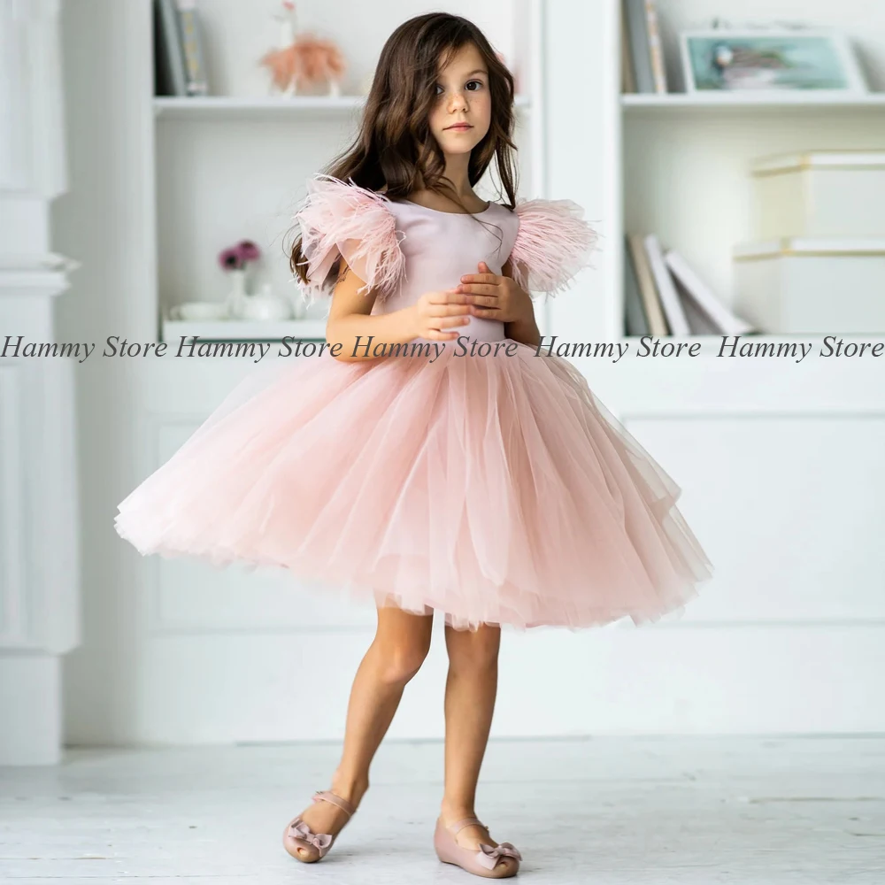 

Hot Pink Flower Girl Dress Scoop Neck Feathers Puff Cute Baby Party es for Wedding Custom First Communion