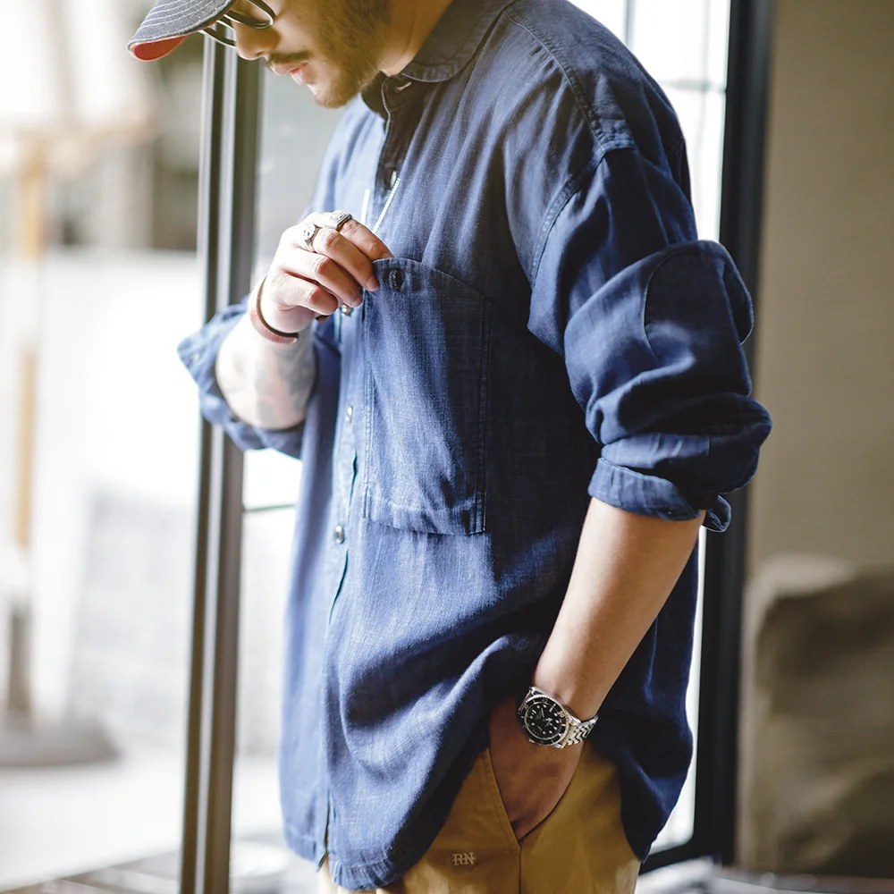Maden Vintage Tencel Denim Shirt for Men's Spring Lightweight CPO Long Sleeve Shirt Lyocell Casual Thin Blue Lapel Collar Blouse Denim Shirt
