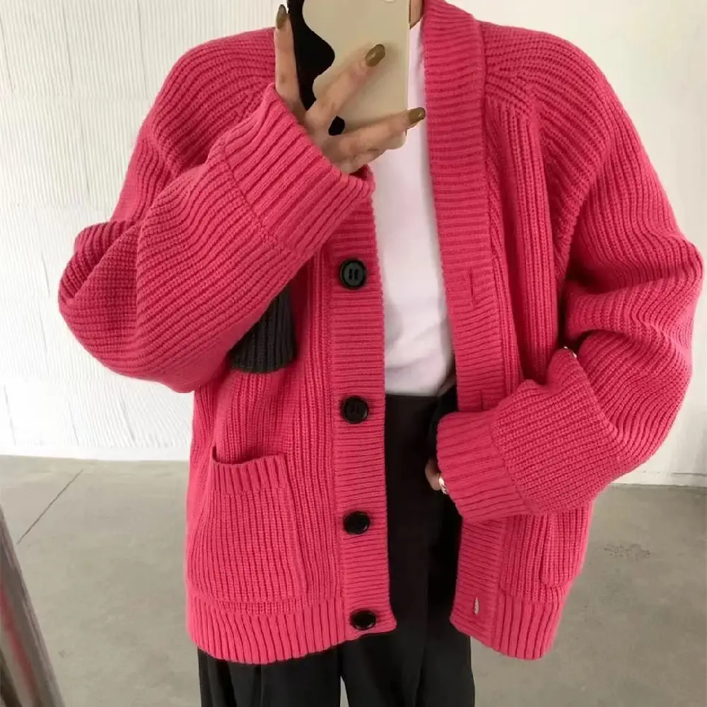 

Thicken Quilted Sweater Women Knitwear Autumn Spring Loose Korean New Fashion V-Neck Casual Full Knitted Cardigan Coat