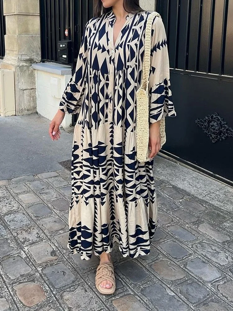 

Elegant Maxi Dress Vintage V Neck Boho Beach Long Loose Dresses Casual Streetwear Women's Printed Shirt Skirt Female Vestidos