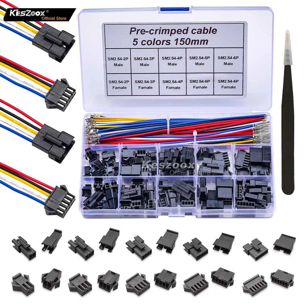 Tcenofoxy JST SM 2.54MM SMP/SMR-02/03/04/05/06V-BC 2.5mm 22AWG Cable Connector Kit Male/Female Housing Crimp Terminal Wire