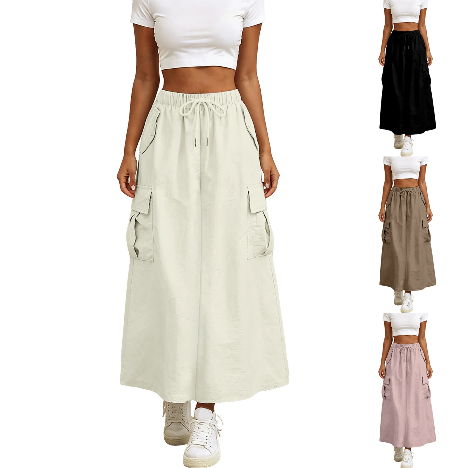 Women's Cargo Long Skirts High Waist Drawstring Multi Pockets Patchwork Long Skirt Versatile Daily y2k Harajuku Outfits 1