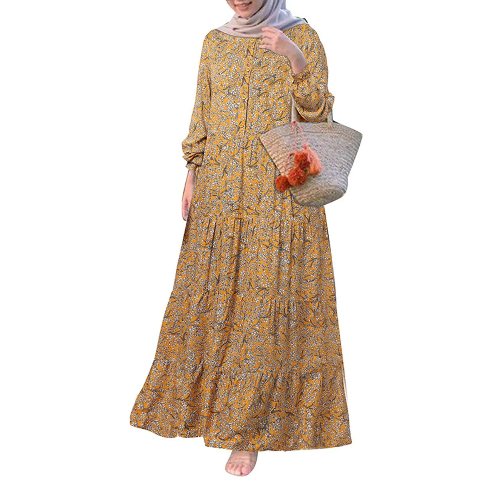 

Womens Layered Floral Printed Full Sleeve Muslim Casual Long Dresses robe femme musulmane שמלה צנועה ملابس محجابات robes arabes