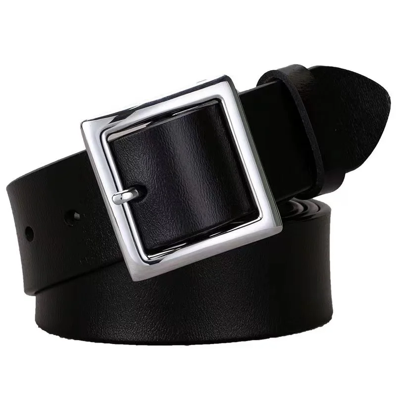 

Belt For Women Round Square Buckle Pin Buckle Jeans Black Belt Chic Luxury Brand Designer Leather Belt Female