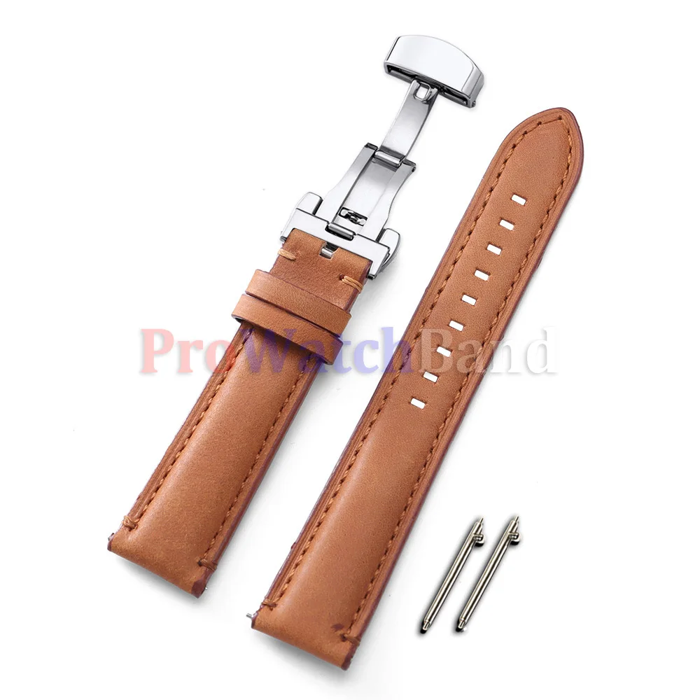 Handcrafted Vintage Brown Leather Watch Strap with Gold Butterfly Buckle