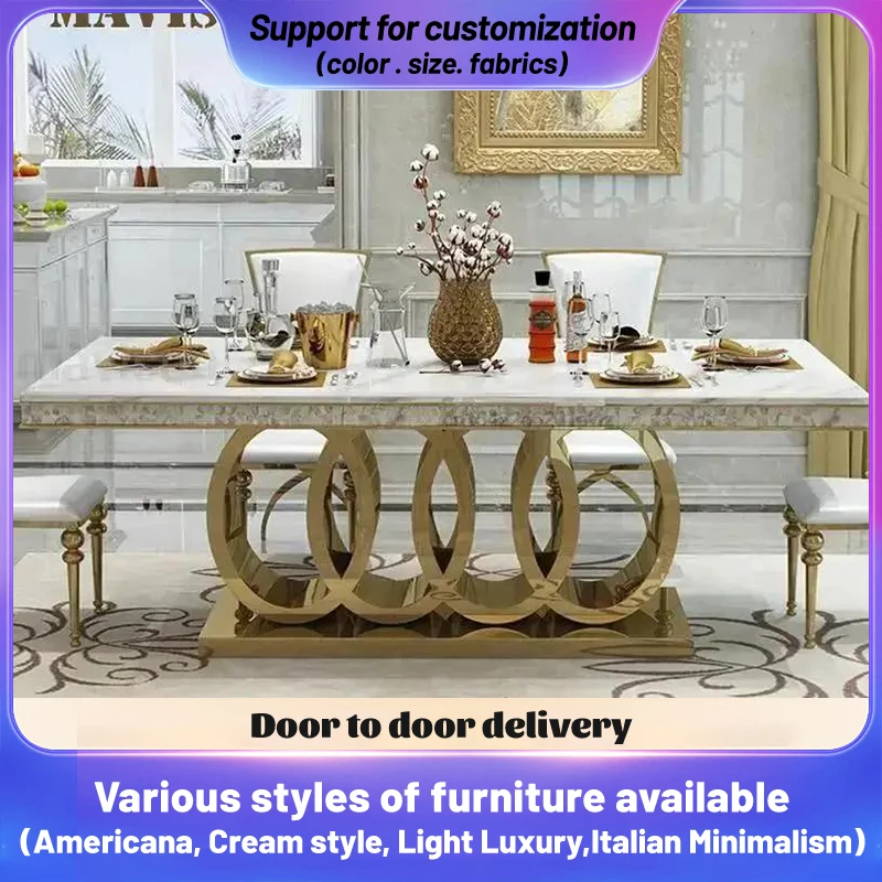 Post-Modern Marble Top-Grade Dining Table And Chairs Combination Stainless Steel Crown Apartment Golden Carved Furniture Table