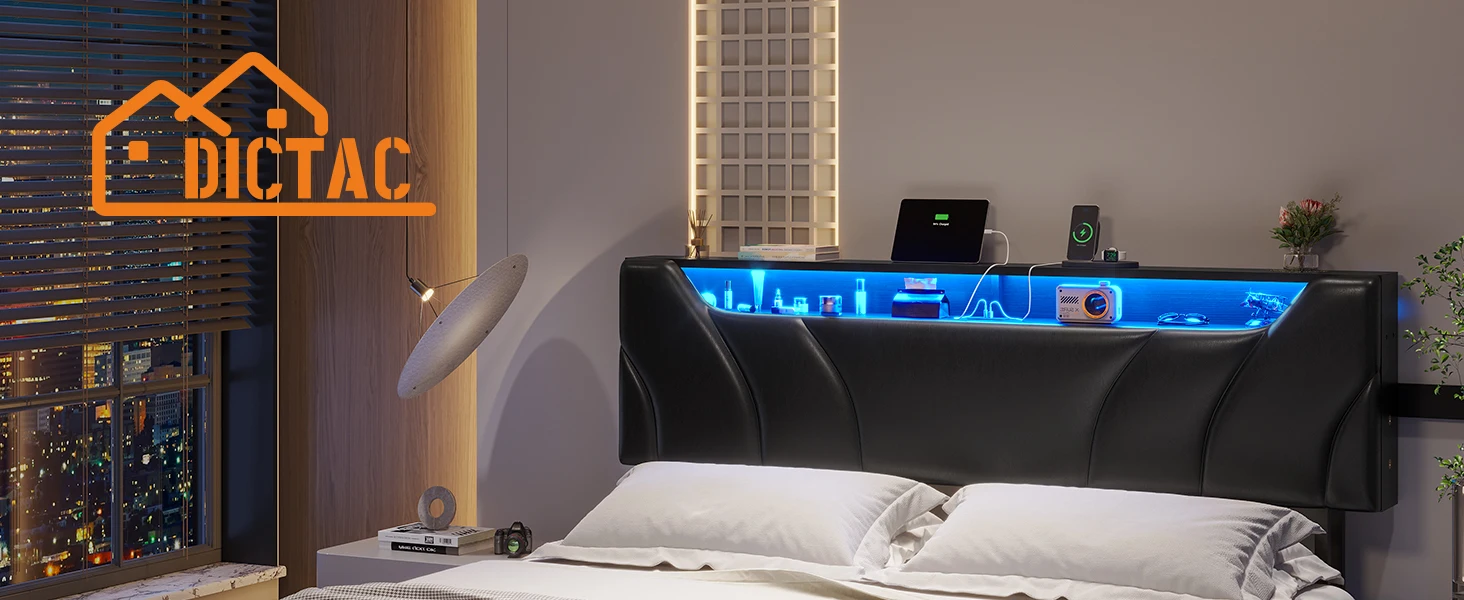 Description Picture 2 of itemQueen Floating Bed Frame with Storage Headboard and LED Lights Queen Size Visual Floating LED Bed Frame with Type-C & USB Port