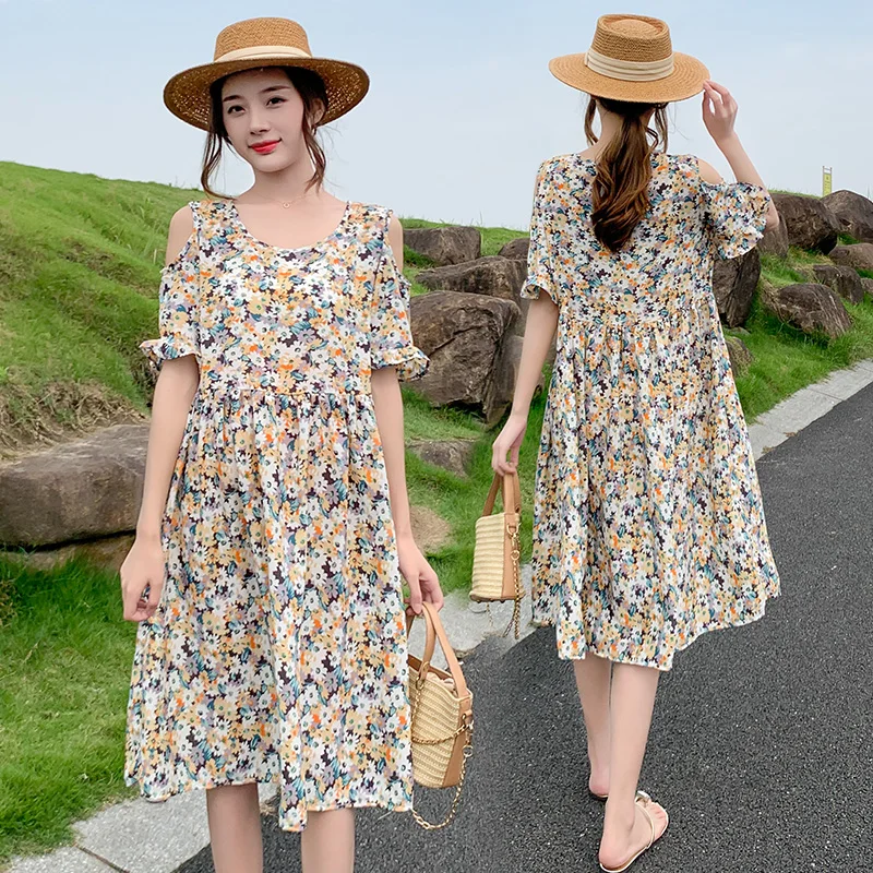 

Pregnant Woman Chiffon Dresses Spring Summer Bohemian Women Maxi Dress Pregnancy Casual Off-Shoulder Short Sleeve Beach Dress