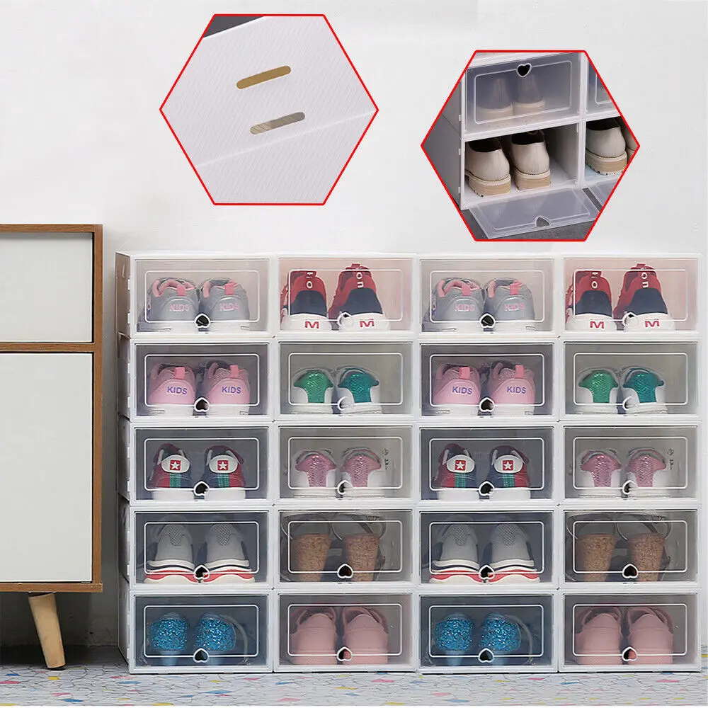 

20PCS Stackable Foldable Shoe Box Storage Plastic Cabinet Closet Organizer Drawer Transparent