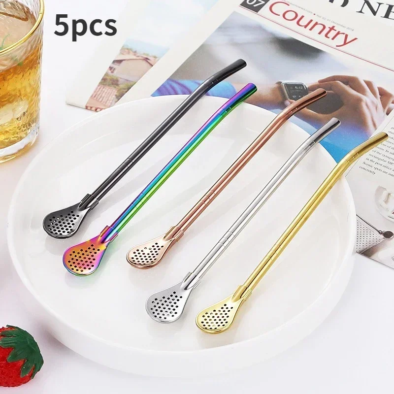 

304 Stainless Steel Straw Spoon Set Gold Silver Creative Drink Mixing Straw Filter Spoon Summer Essentials Drinks Straw