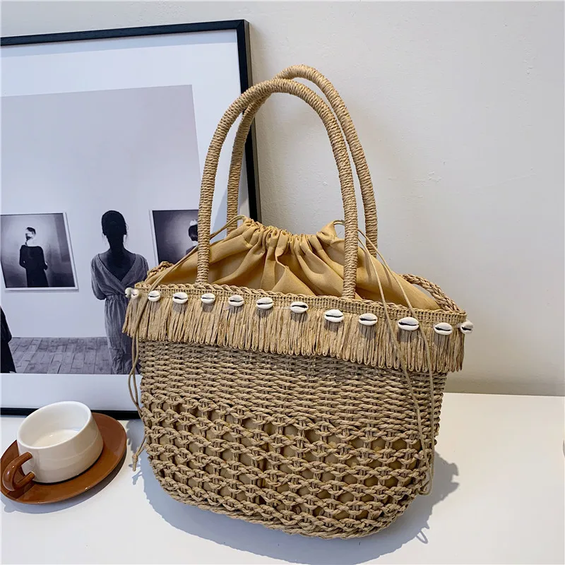 

[Straw Woven Bag] New Hollow Paper Straw Woven Bag Shell Water Bucket Bag Fashionable Women's Bag