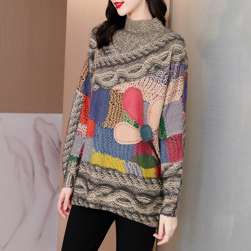 

Female Knitted Cotton Print Pullovers Autumn Winter Korean Vintage Casual Top Sweaters 2023 Elegant Loose Coat Evening Sweater
