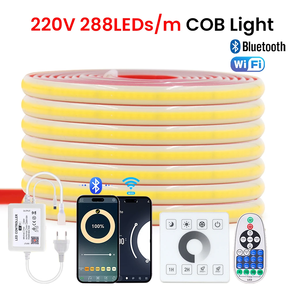 Dimmable 220V COB LED Strip Light WIFI Bluetooth Wall Touch 23key Remote Control Power Kit 288LED Flex Tape IP67 Waterproof Lamp 1