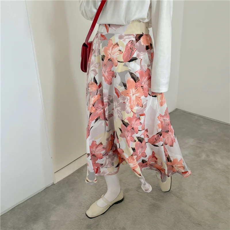 

Oil Painting Floral Print Casial Skirt High Waist Autumn Summer Loose Tulle Mi-Long Women Skirt Vintage Lily A-Line 2022 I615