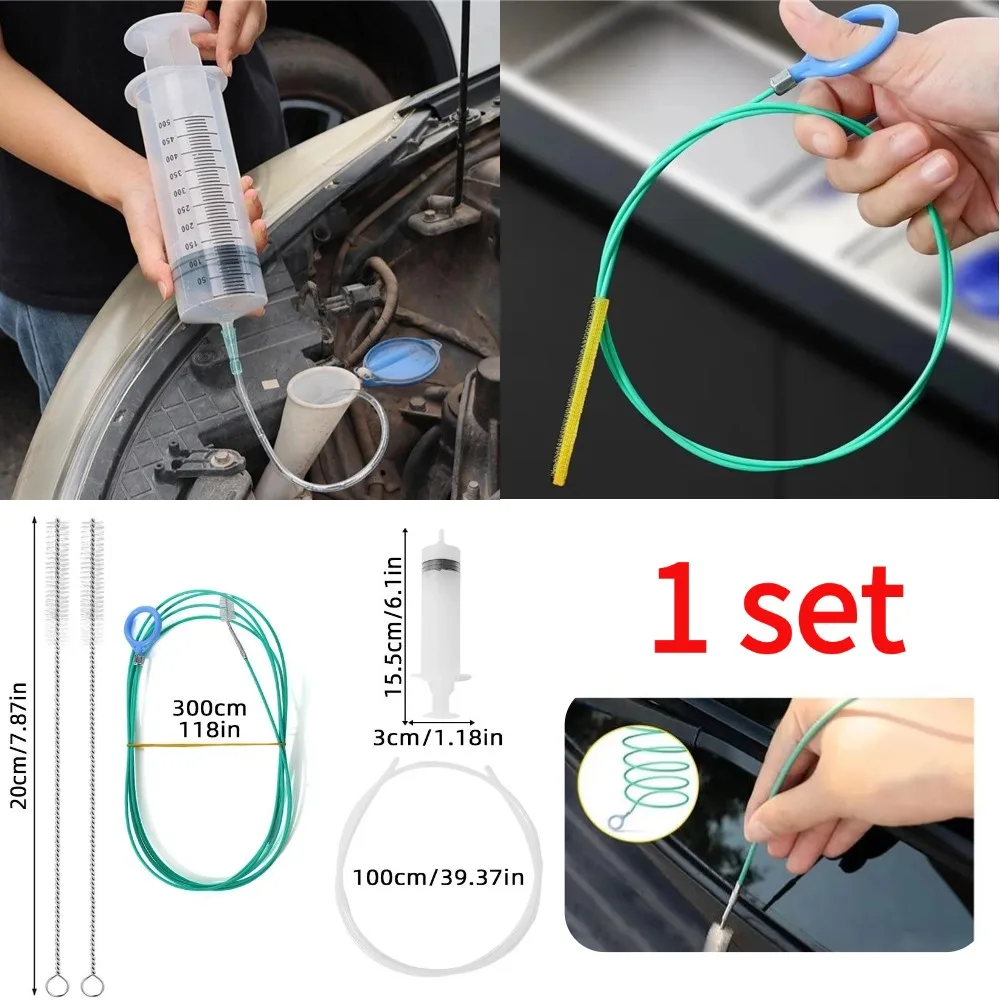 1 Set Car Sewer Unclogger Cleaning Brush & Syringes Oil Pump With Hose Universal Car Sunroof Drain Cleaning Kits Hole Clog Brush