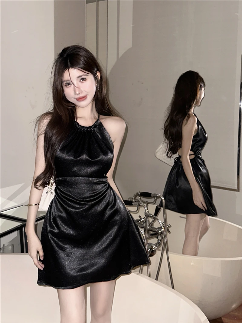 

Женское летнее платье Coigarsam 2024, офисные женские винтажные однотонные черные платья в Корейском стиле без рукавов с высокой талией и складками