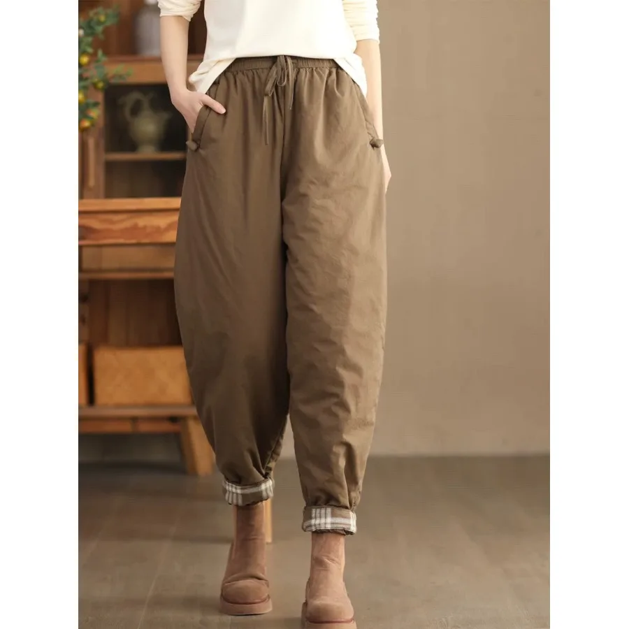 Winter Thiened Harlan Pants Women's Elastic Waist Quilted Cotton Texture Long Velvet Cotton Warm Trousers Casual Pants
