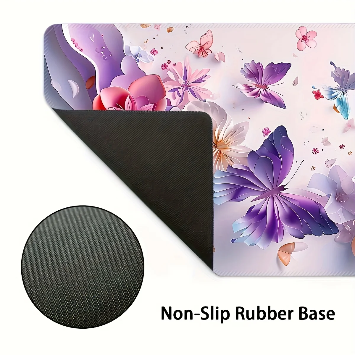 Pink butterfly decorative mouse pad stitched edge detail