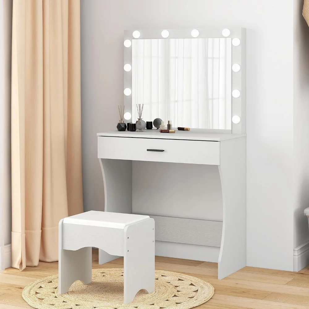 Vanity Desk with Mirror and Adjustable Lights, One Drawer Storage Makeup Table with Stool 1