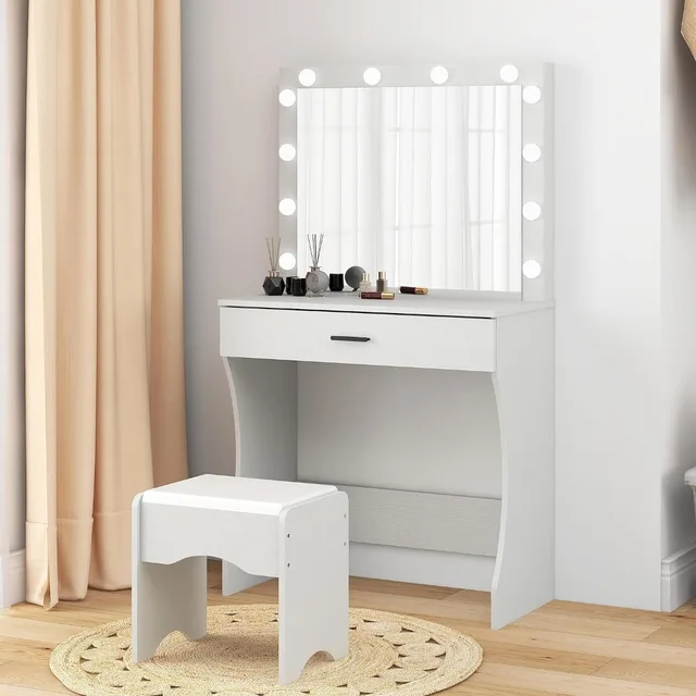 Vanity Desk with Mirror and Adjustable Lights, One Drawer Storage Makeup Table with Stool 1