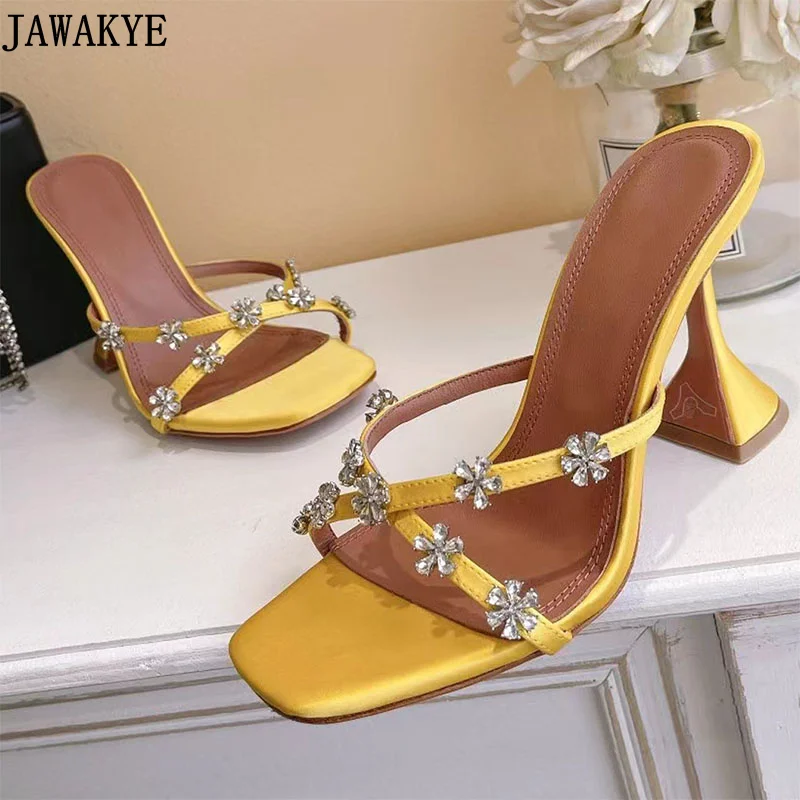 Sexy Cross Band Crystal  Flower Women Slippers Satin Square Toe Cup Heel Banquet Shoes Women Formal Dress Slides High Heels