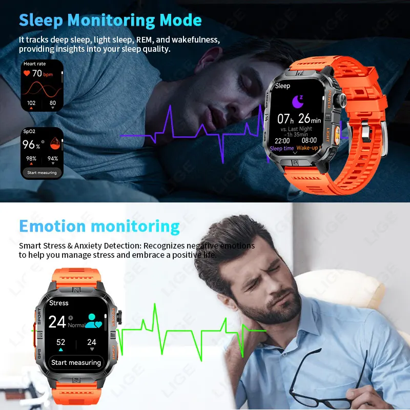 LIGE NEW GPS Smart Watch Men 2.01" HD Display Built-in Compass Flashlight Voice Call Heart Rate Sports Smartwatch 540mAh Battery