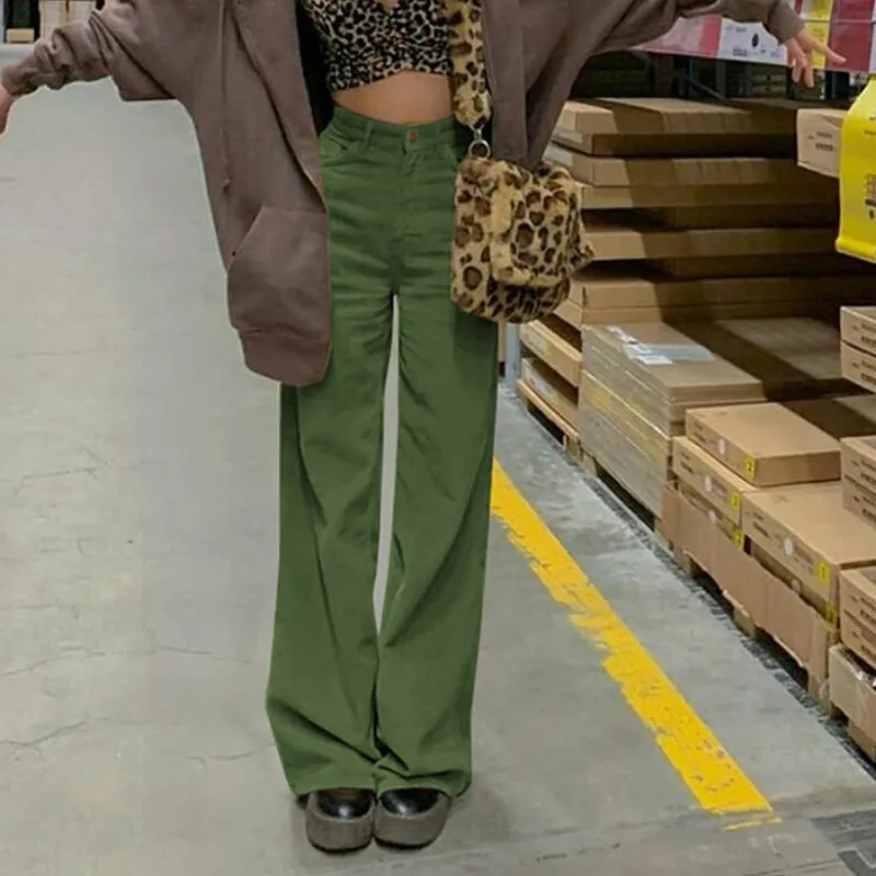 Aesthetic Solid Color Corduroy Wide-leg Pants Y2K Fashion High-waist Baggy Pants Retro British Streetwear Brown Trousers Goth