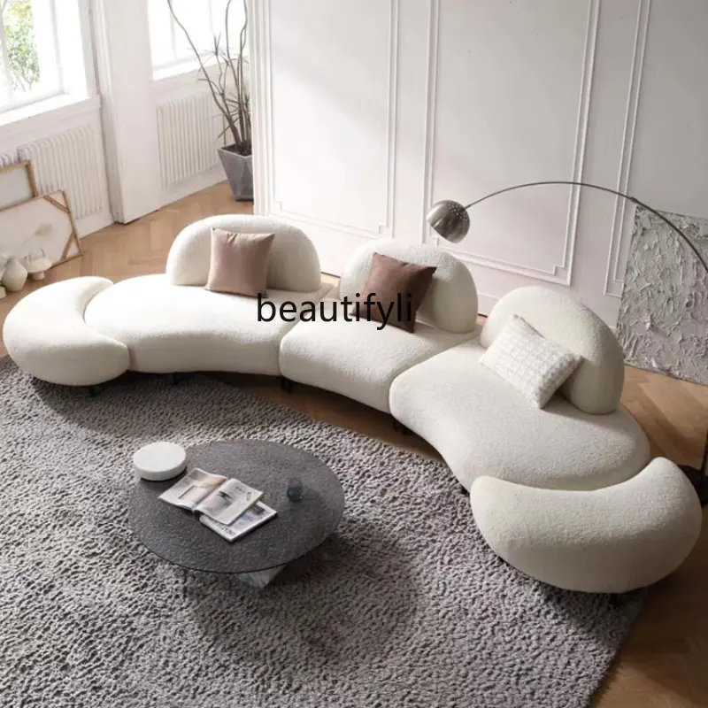 

Nordic Fabric Lambswool Curved Cream Sofa French Shaped Retro Living Room Sofa Combination