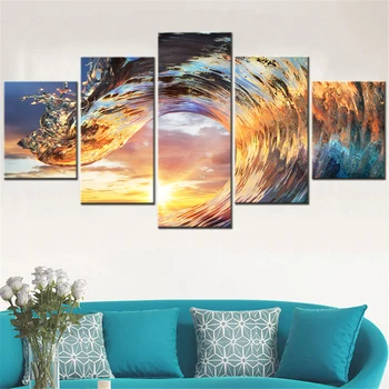 5 Pieces Canvas Wall Art Home Decor Painting Sea Colorful Ocean Wave HD Printed Picture Modular Living Room Decoration Framework