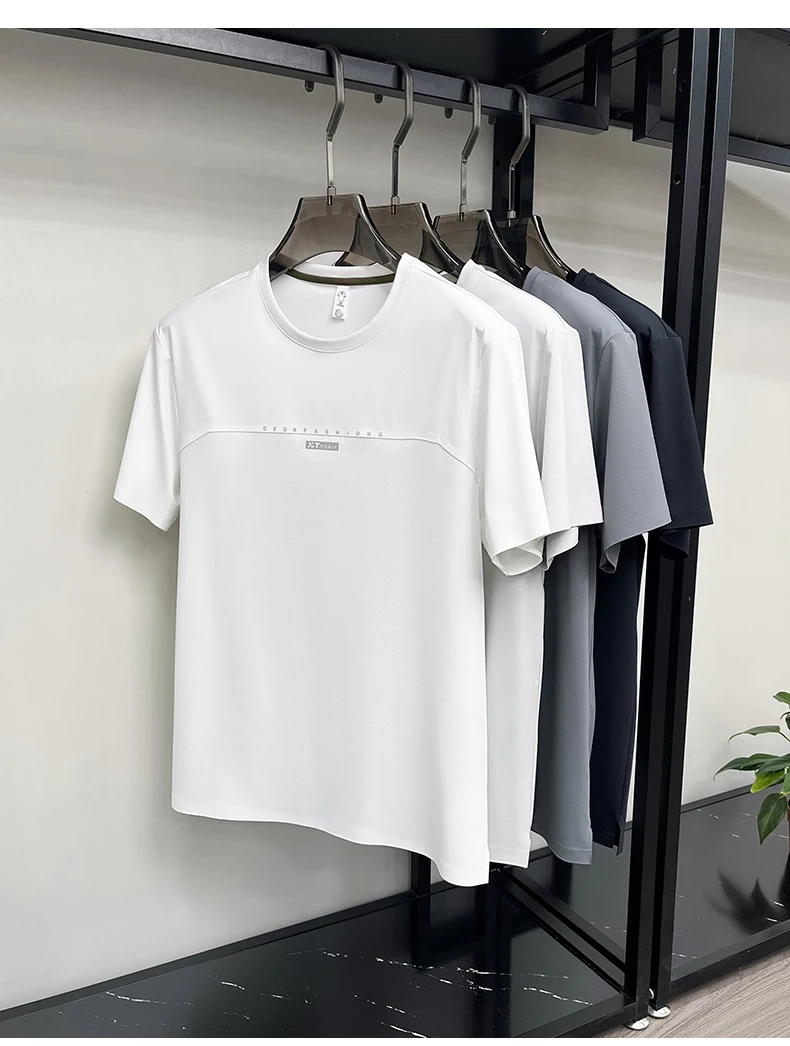 Hochwertiges Marken-T-Shirt aus Eisseide mit kurzen Ärmeln, Sommermode, geprägter Schriftzug, Rundhalsausschnitt, Sport, Freizeit, Jugend, Luxus-Oberteil für Herren – Detail 2