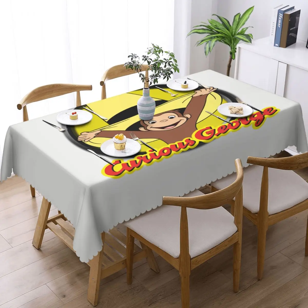 Custom Rectangular Waterproof Oil-Proof Curious George Cute Funny Tablecloth Table Covers 40"-44" Fit Brown Monkey Table Cloth 2