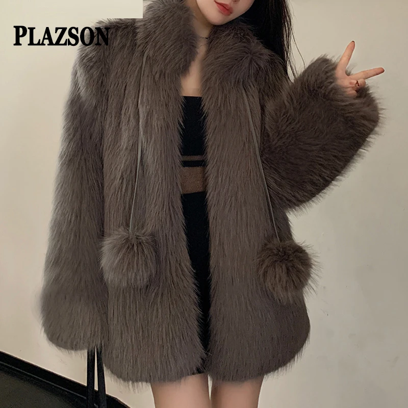 

PLAZSON Luxury Faux Fox Fur Long Coat Women Winter Stand Collar Loose Collarless Fake Fur Jacket Warm Outerwear норковая шуба