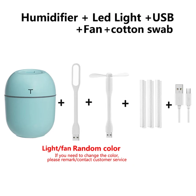 200ML Mini Ultrasonic Air Humidifier Romantic Light USB Essential Oil Diffuser Car Purifier Aroma Anion Mist Maker With LED Lamp green-fan-light