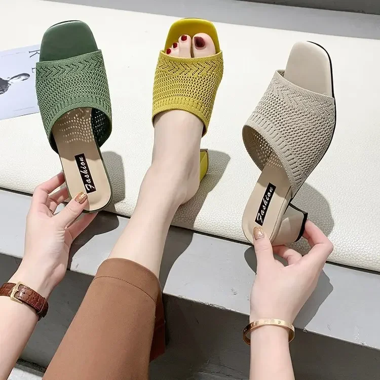 Women Sandals Summer Closed Toe Comfort Fashion Fly Weave Outdoor Medium Heel Slippers