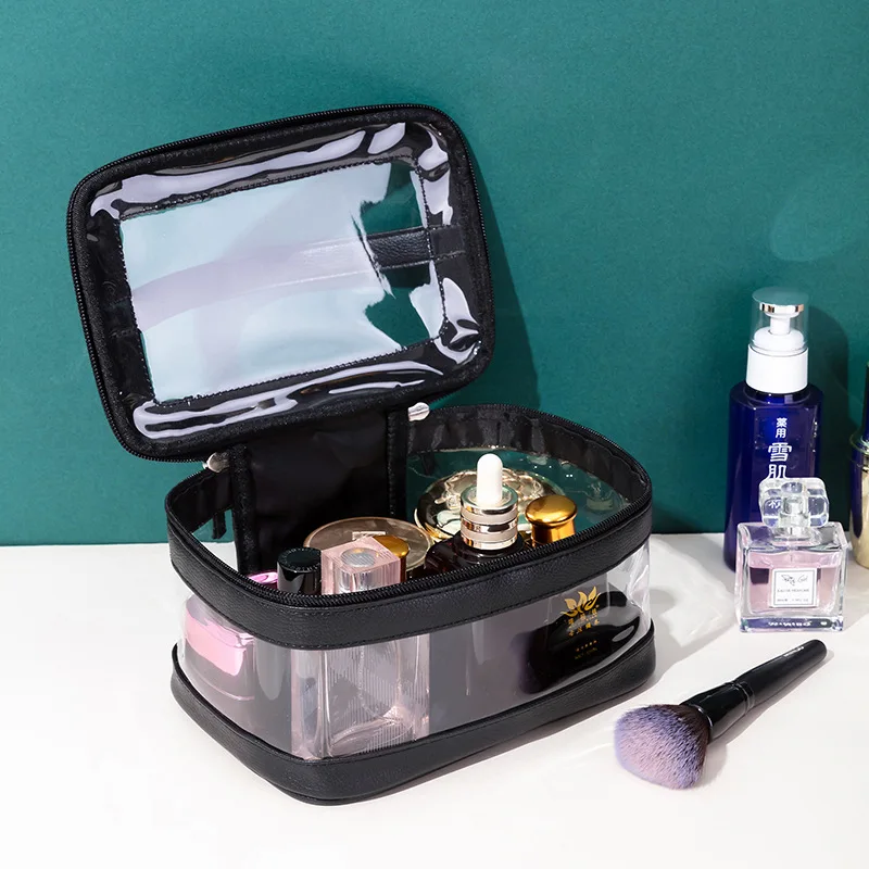 

Minimalist Black Leather Cosmetic Vanity Bags Women Waterproof Clear Pvc Makeup Train Case Professional Transparent Makeup Bags