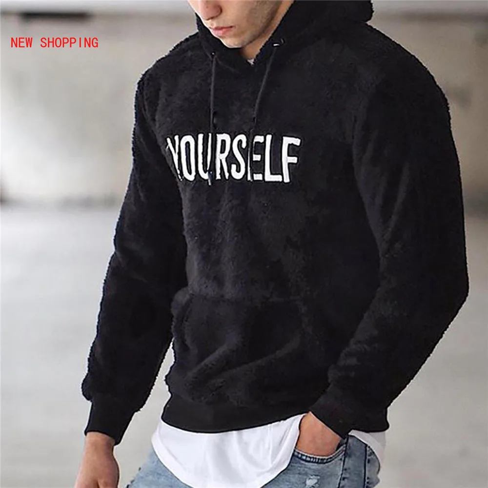 Autumn Winter Men Warm Plush Fleece Hoodie Sweatshirts Casual Long Sleeve Letter Print Hooded Pullover Teddy Tops Fashion Street