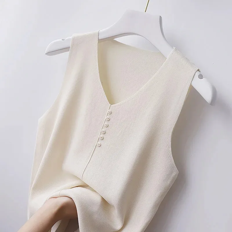Sleeveless Knitted Vest for Women Ice Silk V-neck Solid Color Thin Summer Tops New 2025 10098