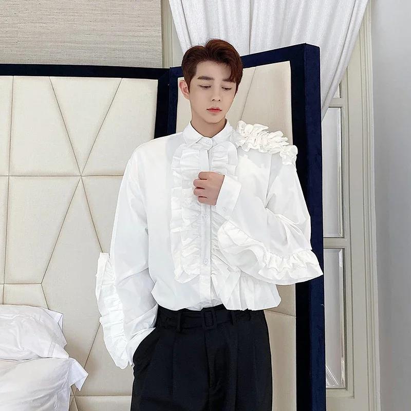 Vintage Palace White Ruffle Men Shirt Long Sleeve Tuxedo Shirt Party Club Evening Punk Gothic Formal Spring Autumn Blouses