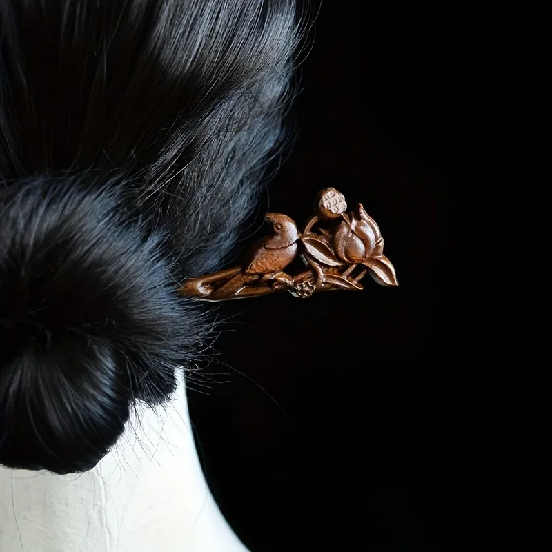 Women's Wood Carved Hair Accessory Collar Bird Peony Carving Suitable for Daily Gatherings Solid Wood Hairpin For Hair Accessory